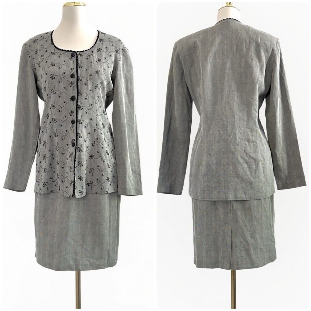 Vintage Judy Knapp Gray Plaid Bow Embroidered Cardigan & Skirt Set Womens sz M